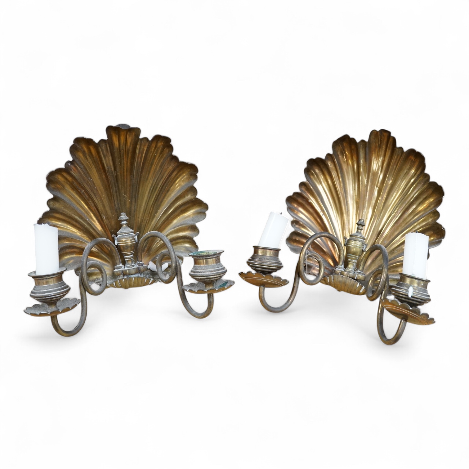 A pair of brass twin branch wall lights with scallop shell backs, 26cm high